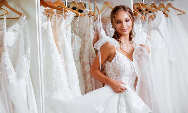 Bride trying on white wedding dresses